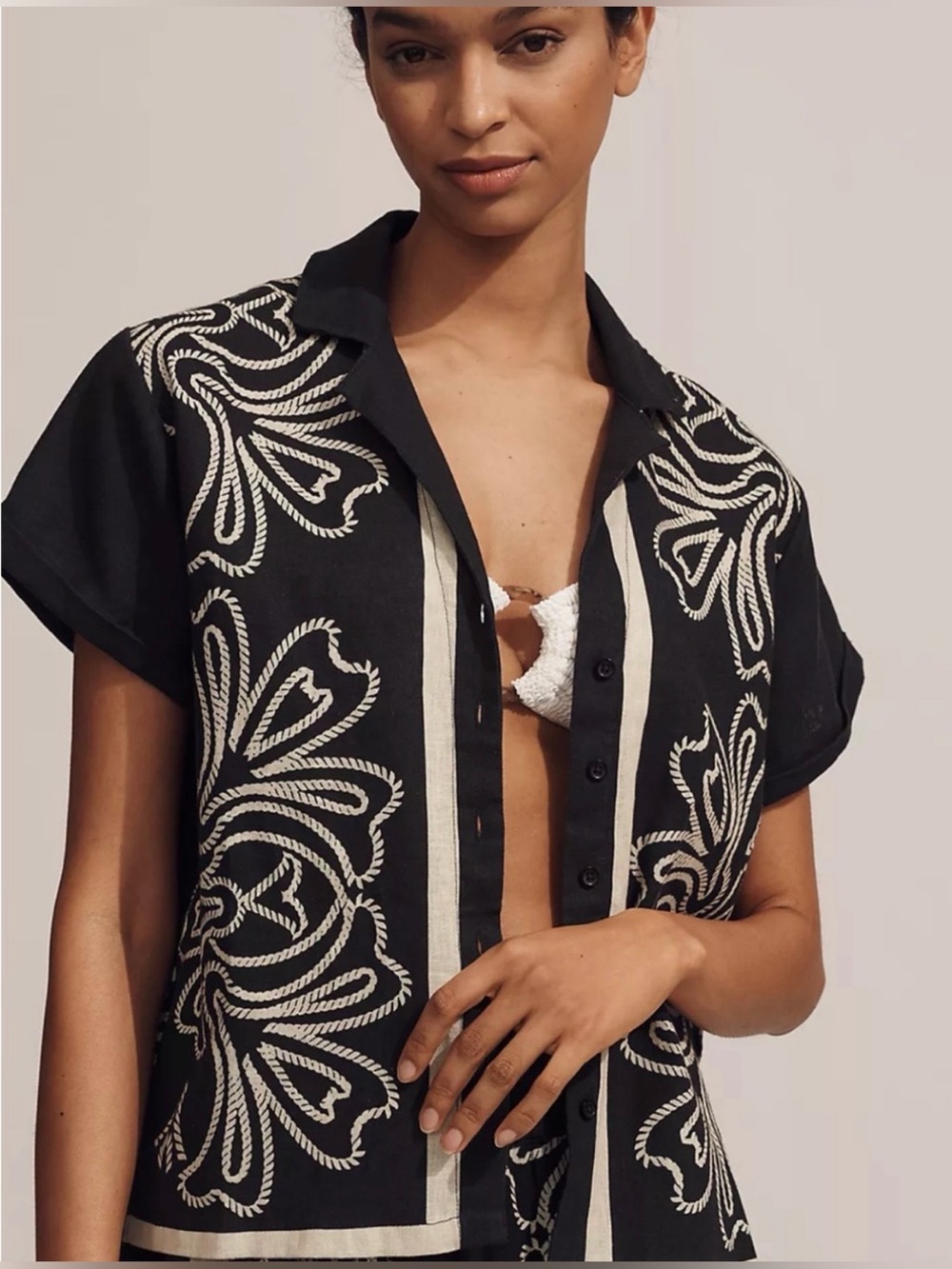 BNWT Brand New Brenna Anthropologie Black Linen Cotton Button-Down Shirt Size XL